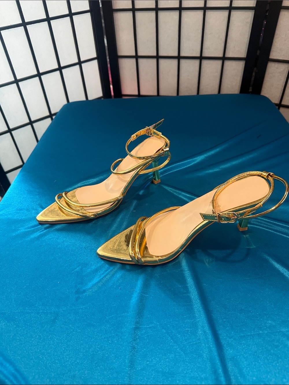Metallic Gold Strappy Pointed-Toe Kitten Heels